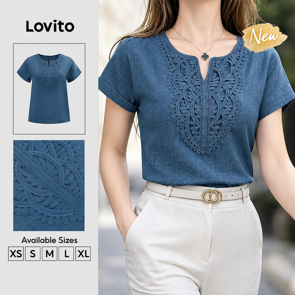 (New Arrival) Lovito Elegante Blusa Manga Curta Gola Com Babado Costura Trabalho Diário Primavera Verão Azul Para Mulheres BLB205P2D465