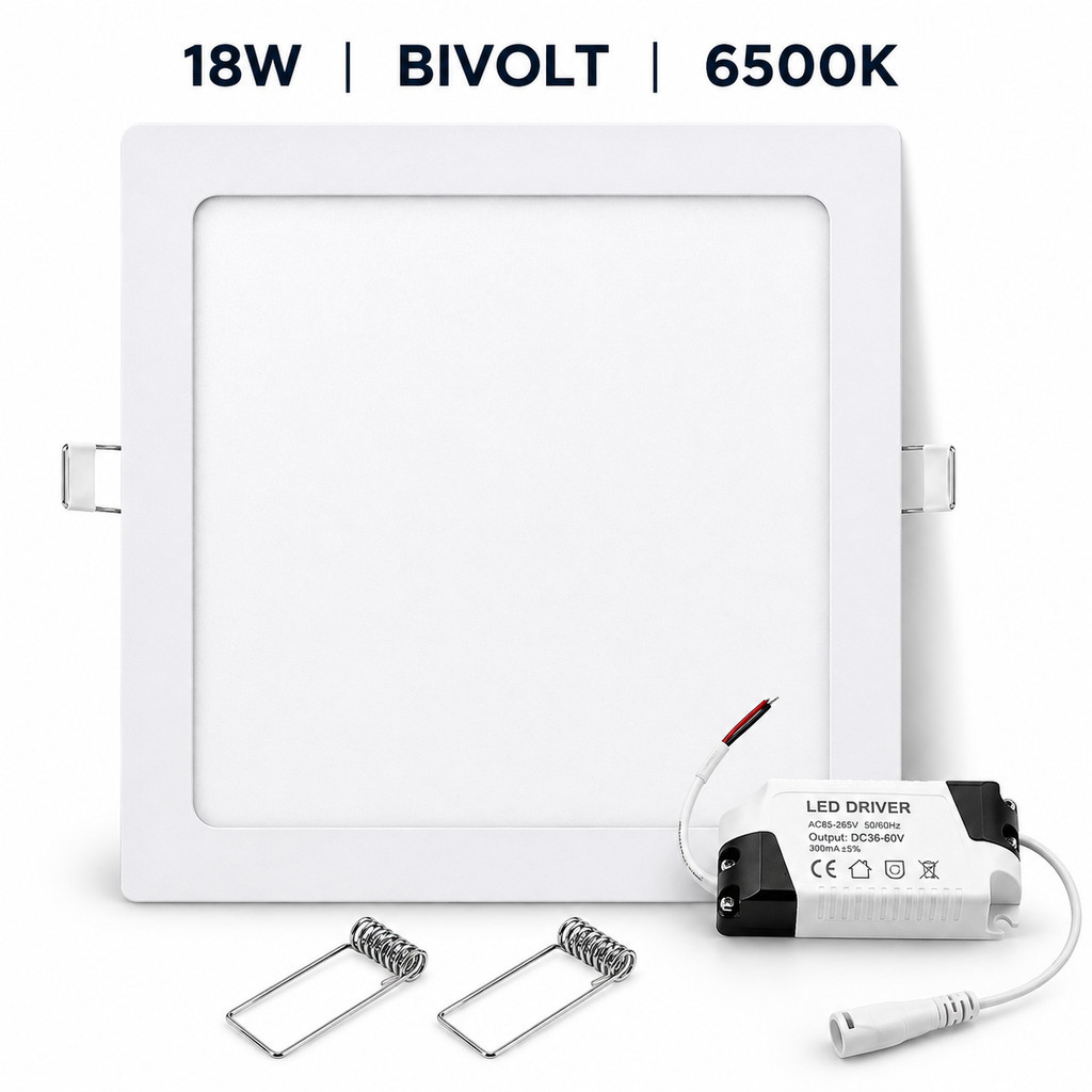 Painel Plafon LED Embutir Quadrado 18W 21x21cm Bivolt 6500K Branco Frio Luminária de Teto Alumínio com Driver