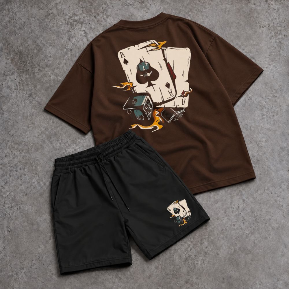 Conjunto Camiseta Oversized Kit Estampada Cartas Baralho Short Streetwear Presente Estilo Algodão