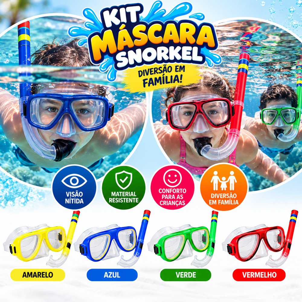 Kit Mergulho Infantil com ajuste Mascara Snorkel Piscina Praia