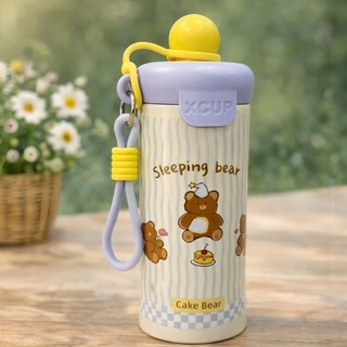 Garrafa Térmica Infantil 500ml | Aço Inox com Canudo e Alça | Garrafa Portátil Escolar Ursinho para Água e Bebidas
