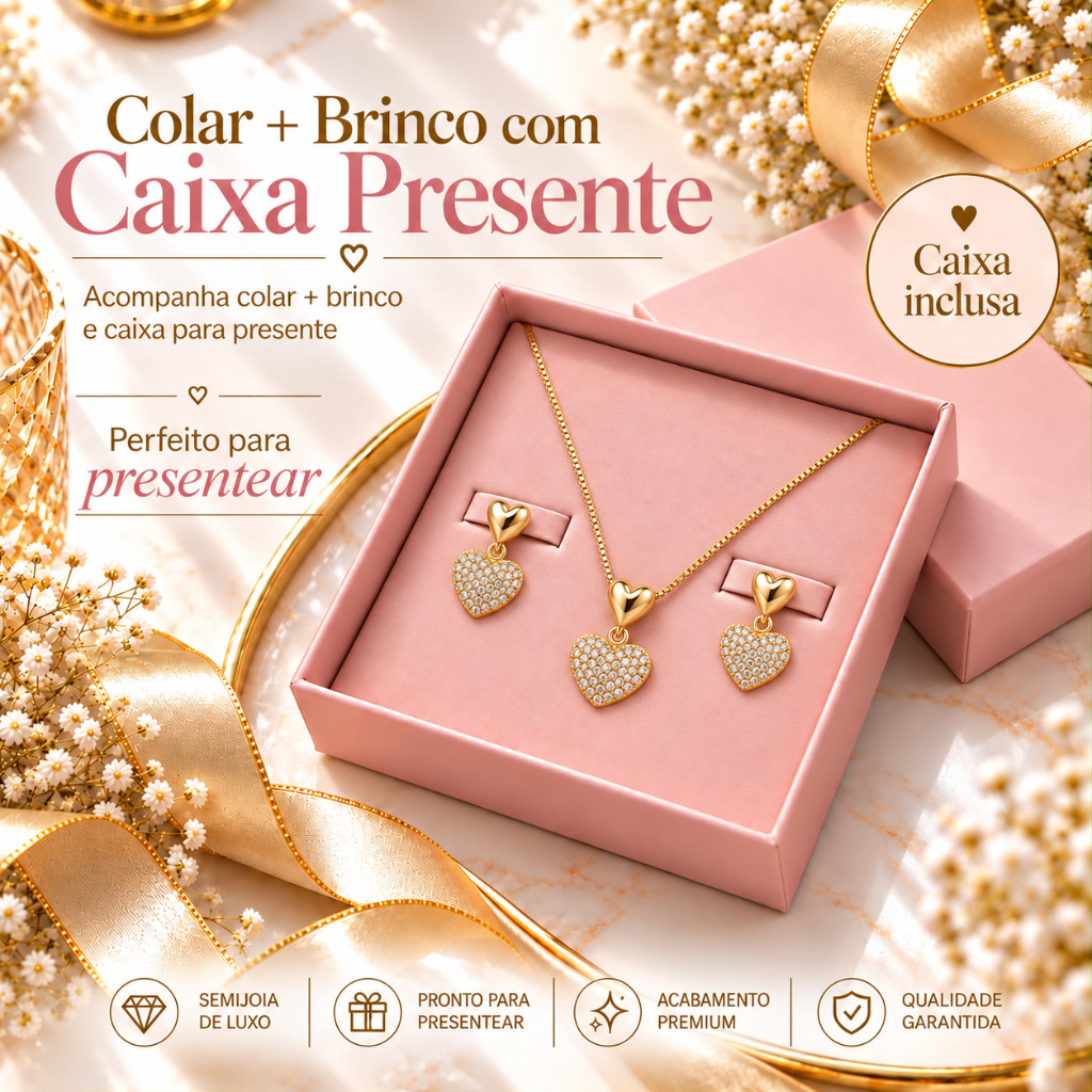 Kit 3 Peças Coração Aurora Ouro 18k – Colar e Brincos Femininos + Caixinha para Presentear