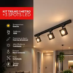 Kit 1m Trilho + 3 Spot Led Quadrada Nobby 10w 2700k Branco Quente 800lm Preto Cod: AVANT-KC-00034 Avant