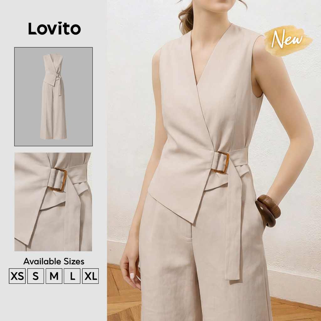 (New Arrival) Lovito Top Ou Parte Inferior De Conjunto cáqui assimétrico Feminino Casual primavera/verão Fim De Semana PSK10TD144
