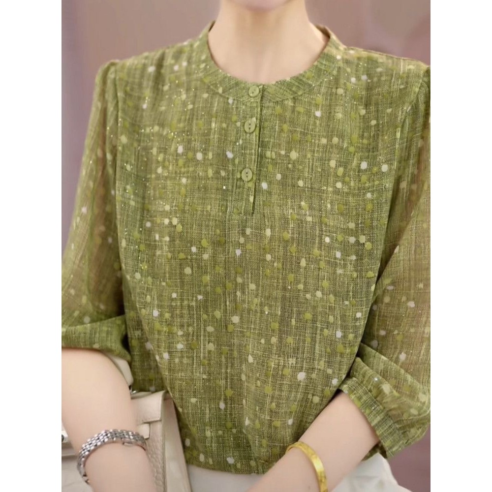 Elegante Polka Dot impresso em torno do pescoço camisa feminina 2026 primavera verão novo estilo solto mais magro olhar 