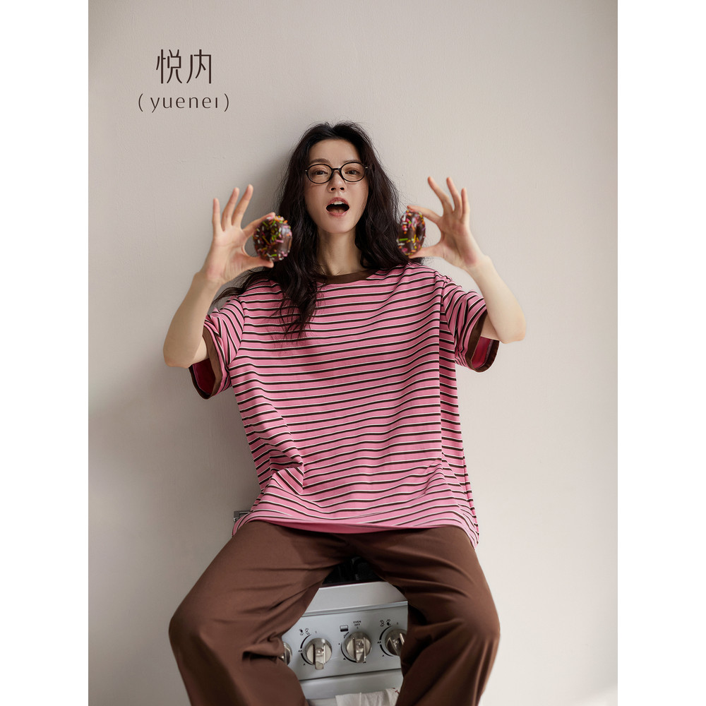 Yue pijamas internos femininos estilo verão verão puro algodão Berry vermelho branco manga curta calças compridas Lounge