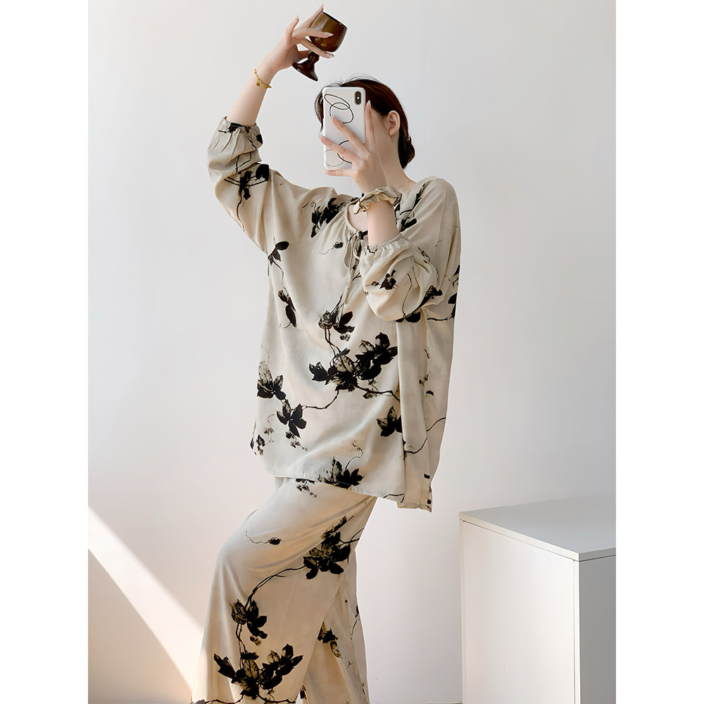 2026 novo estilo algodão seda pijamas estilo fino feminino primavera verão manga comprida solto Plus Size versão solta L