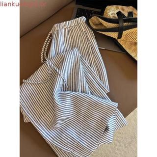 [Estoque pronto] Calça Deus ~ Confortável para encontrar os dentes no chão!Calças listradas de linho soltas Calças confo