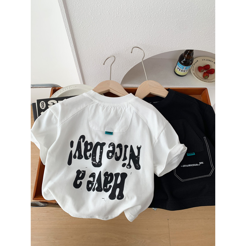 Meninos verão puro algodão de manga curta camiseta crianças 2026 novo estilo versão coreana carta impressa em torno do p