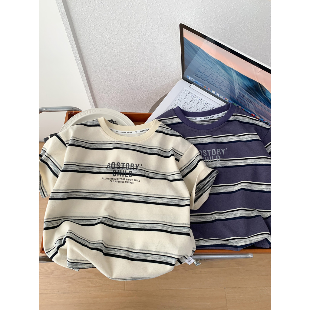 Meninos verão listrado camiseta de manga curta 2026 novo estilo crianças em torno do pescoço estilo fino solto meia mang