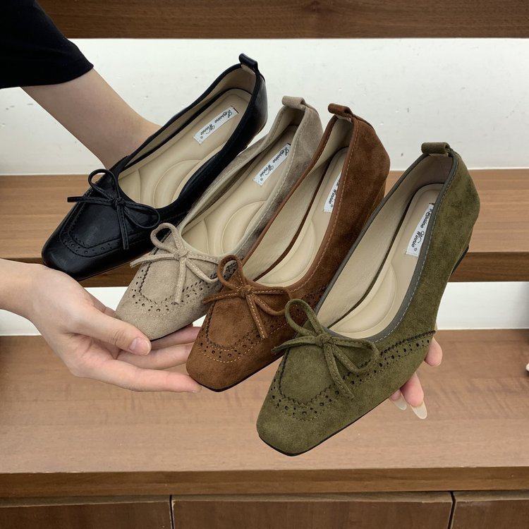 Sapatos de salto baixo femininos, bico quadrado, decote baixo, em camurça, com laço, estilo retrô e elegante, salto comp