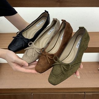 Sapatos de salto baixo femininos, bico quadrado, decote baixo, em camurça, com laço, estilo retrô e elegante, salto comp