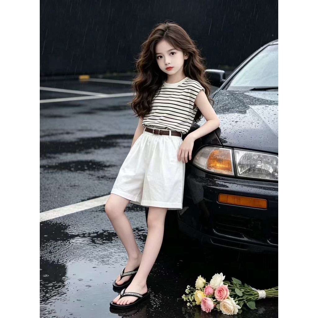 Meninas terno verão novo estilo coreano menina camiseta Shorts terno de duas peças médio grande crianças puro algodão Ca