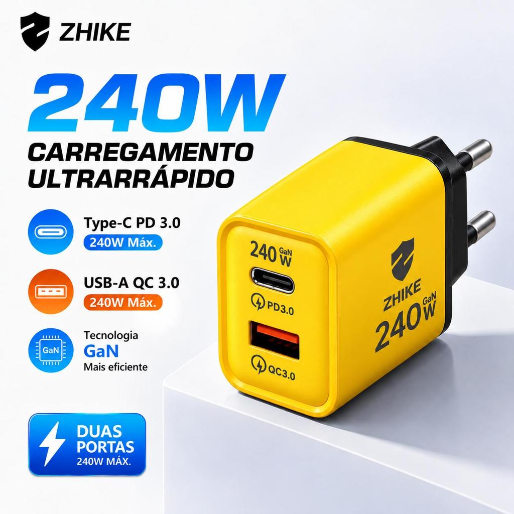 Carregador GaN 240W 2 Portas Tipo C USB A PD 3.0 QC 3.0 Compacto Cristal Transparente Notebook Celular Bivolt ZHIKE
