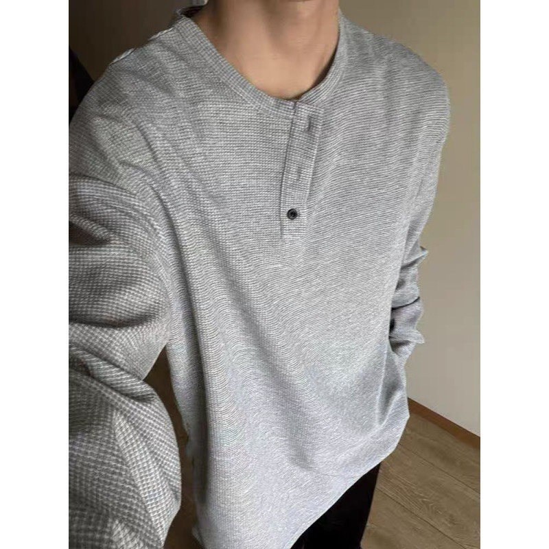 Camiseta masculina de manga comprida Waffle cinza claro primavera outono americano Retro Henry colarinho camiseta solta 