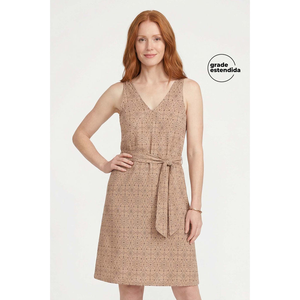 Vestido Midi Feminino Devorê Com Faixa Marialícia Marrom