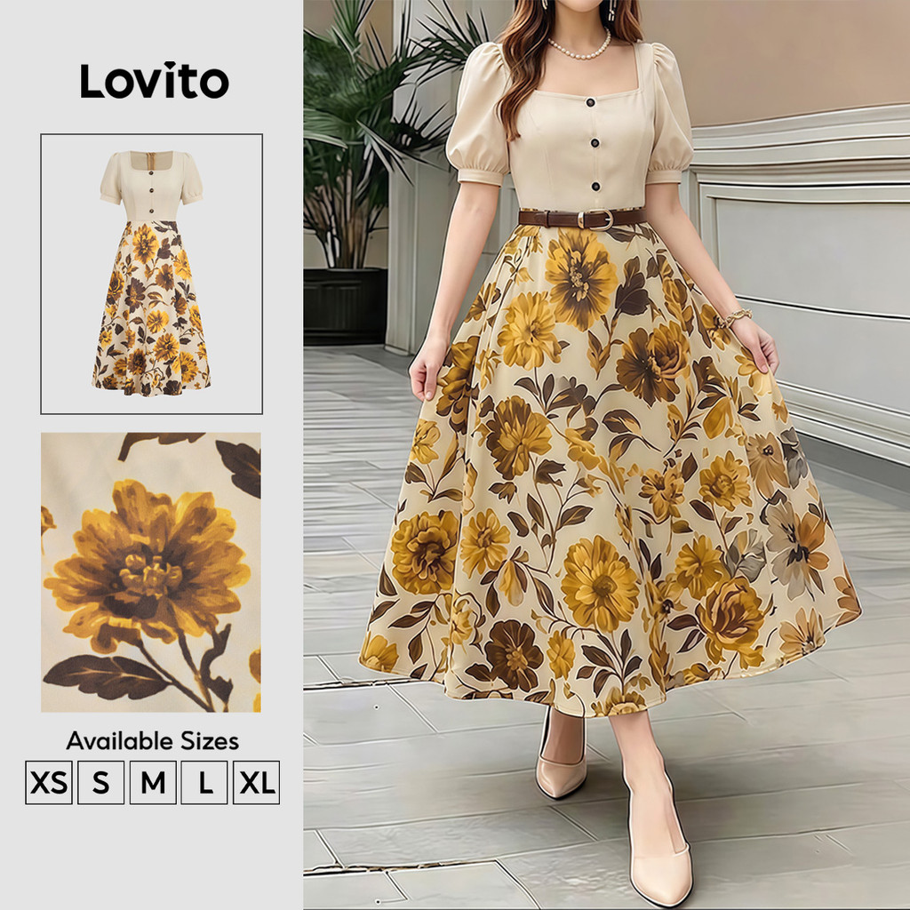 (New Arrival) Lovito Vestido Elegante Falso 2 em 1 Botão Frontal Zíper Vestido Primavera/verão para Mulheres DRB201P1D347
