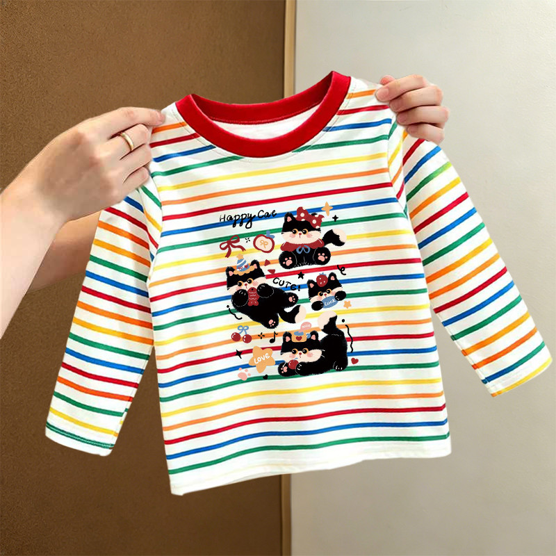 Crianças novo estilo primavera outono bebê manga comprida camiseta meninas estilo ocidental listrado em torno do pescoço