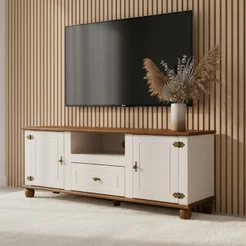 Rack para TV até 55 Polegadas 100% MDF 150cm Pés em Madeira Maciça 2 Portas 1 Gaveta Tampo Base Joy