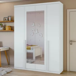 Guarda Roupa Solteiro 4 Portas 2 Gavetas com Espelho MDF Alonzo 153.5cm Branco Branco