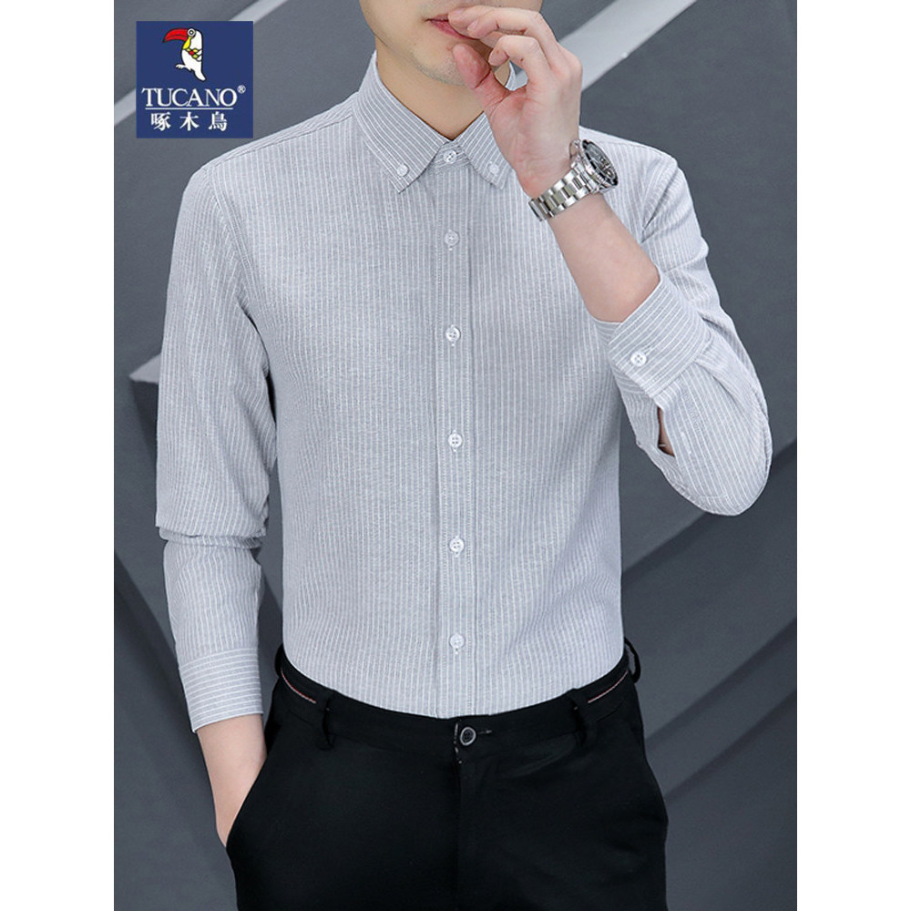 Woodpecker poliéster algodão camisa de manga comprida masculina primavera outono listras negócios Casual polegada camisa