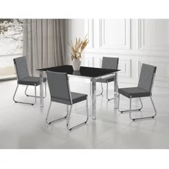 Conjunto Sala de Jantar Mesa Ortenia Tampo Vidro com 4 Cadeiras Dinah Cinza/Cromado/Preto Cromado/Cinza/Preto