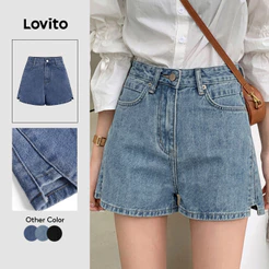 (Casual) Lovito Shorts Jeans Com Bolso Dividido Liso Para Mulheres L68ED114 (Multicolorido)
