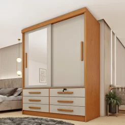 Guarda Roupa Solteiro com Espelho 2 Portas 6 Gavetas 133cm Chicago Bege/Cinamomo/Off White Cinamomo/Off White
