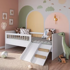 Cama Montessoriana de Solteiro com Escada e Escorrega Linha Affetto Cor Branco com Colchão Incluso