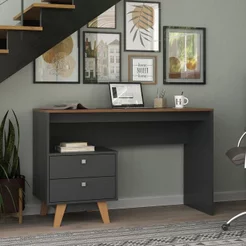 Mesa Escrivaninha Retrô 2 Gavetas 120cm Pés em Madeira Maciça Grafite e Nogal Preto Nogal/Grafite