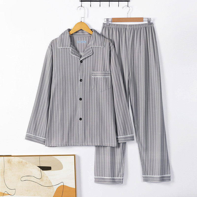 Pijamas masculinos de algodão puro versão coreana calças de manga comprida conjunto de duas peças Extra largo pode usar 
