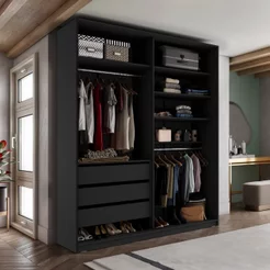 Closet Solteiro 100% MDF BP 159,5cm 3 Gavetas Monreale Cinza/Preto Preto
