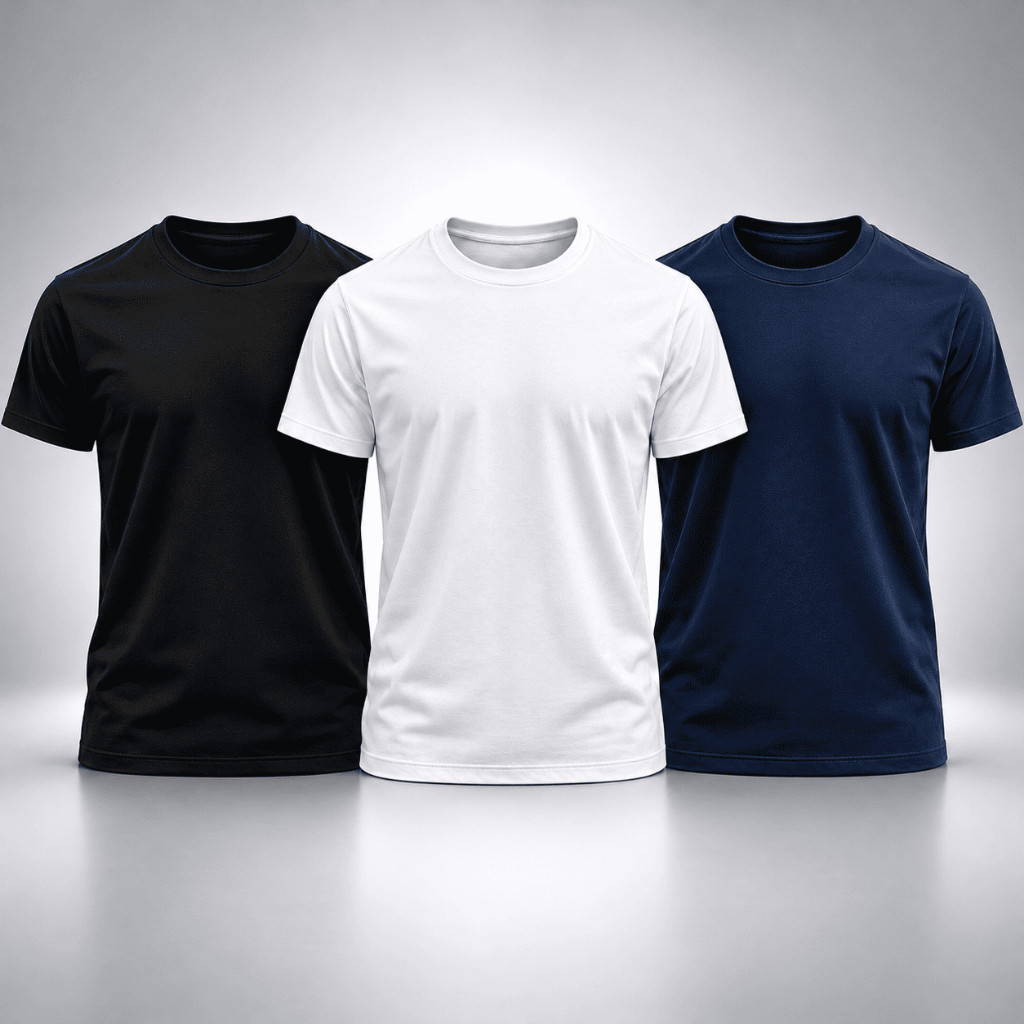 Kit 3 Camisetas Masculinas Básicas Lisas Algodão Manga Curta Gola Redonda Casual Confortáveis Preta Branca Azul Marinho
