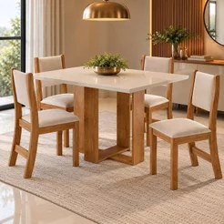 Conjunto Sala de Jantar Mesa Retangular 120x80cm 4 Cadeiras Estofadas Bege Mel/Blonde Retangular
