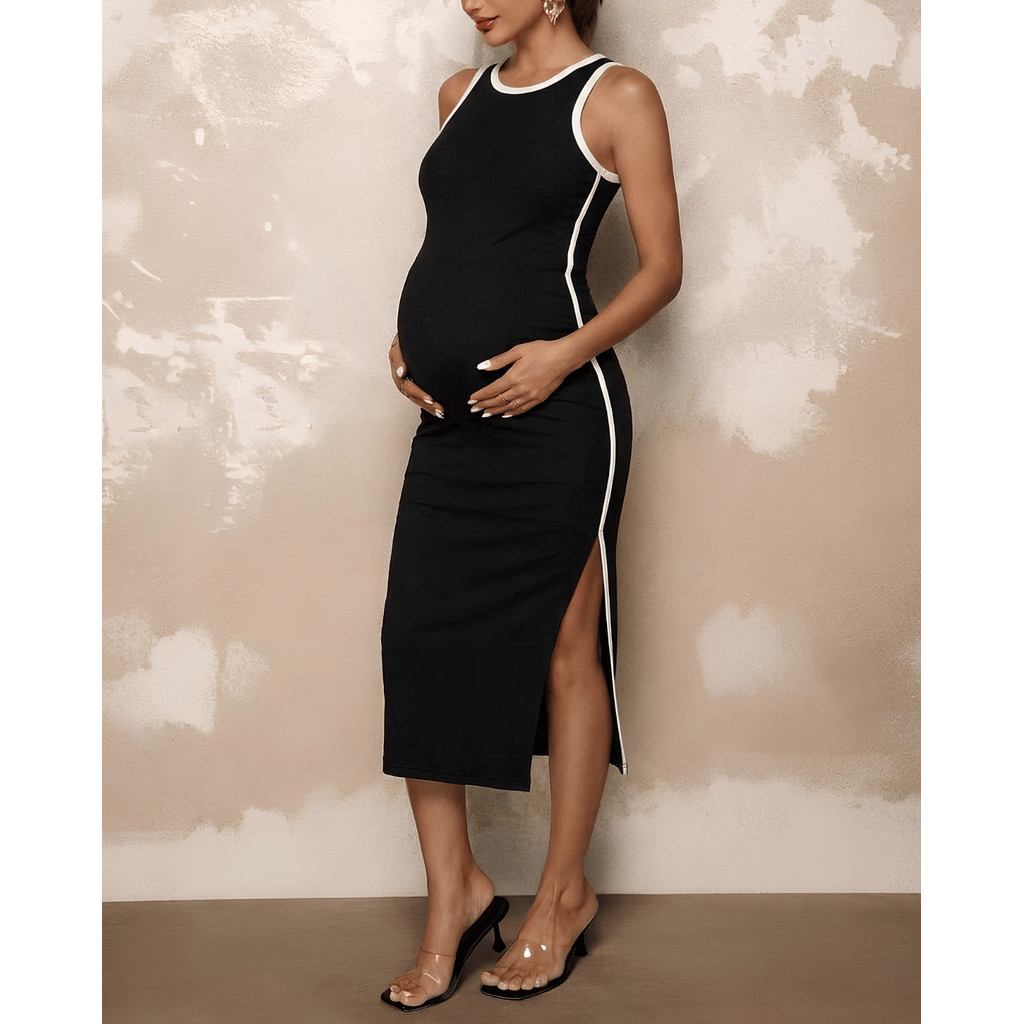 Vestido Midi Feminino Gestante Regata Maternidade Elegante Colado Listrado Gravidez Canelado Casual