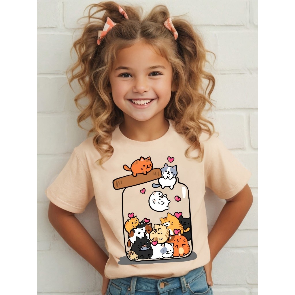 Camiseta Infantil Gatinhos no Pote Meninas 100% Algodão Juvenil Premium do 2 ao 16