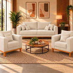 Kit Sofá 3 Lugares e 2 Poltronas Sala de Estar Beny Suede Madeira Estofados