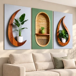 Trio de Quadros Decorativos Vasos Verdes Boho Com ou Sem Moldura