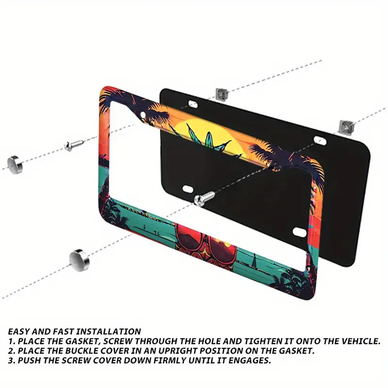 Conjunto de 2 peças de moldura de placa de carro de aço inoxidável Universal, Design de arte de pôr do sol tropical de 1