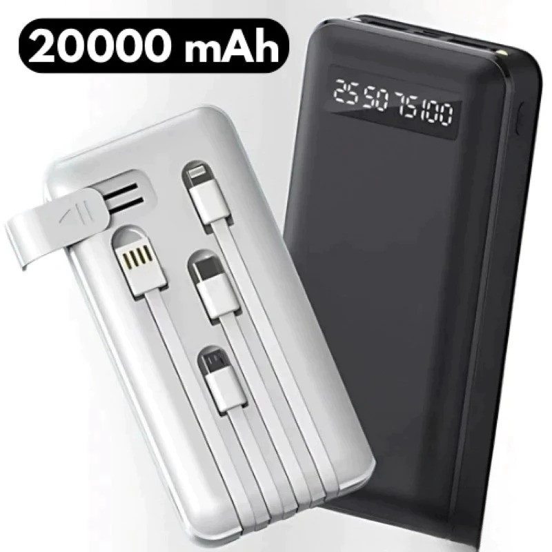 Power Bank de Alta Capacidade 20000mAh com 4 Cabos e Compatibilidade Universal