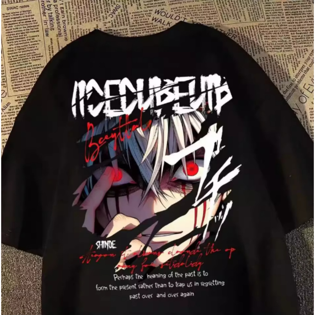 Camiseta Unissex De Algodão Streetwear Com Um Personagem De Anime De Olhos Vermelhos E O Logotipo 'ACEDUBEMB' Estampado