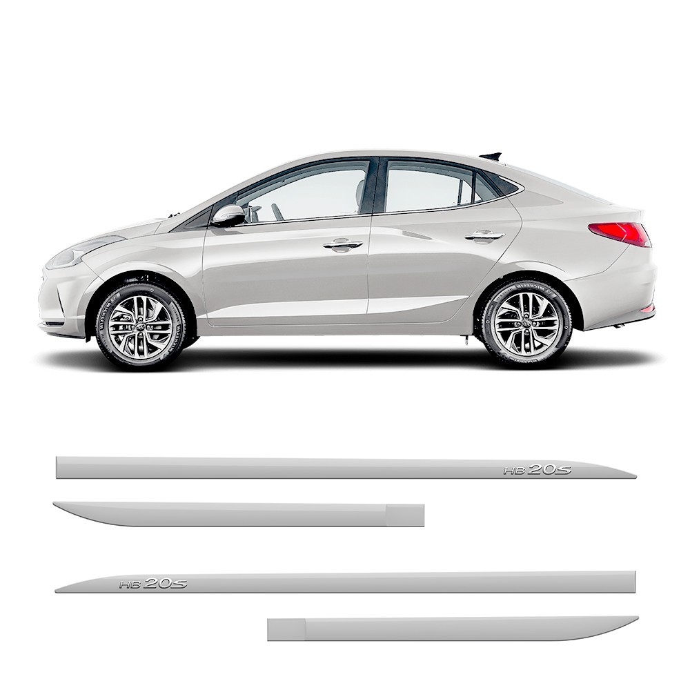 Friso Lateral Hyundai HB20s 2012 a 2024 Flash Cotrim Protetor Portas Branco Atlas Letra Cromada 4 peças