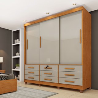 Guarda Roupa Casal com pés 3 Portas de Correr 9 Gavetas 199cm Chicago   Cinamomo/Off White em Oferta na Shopee