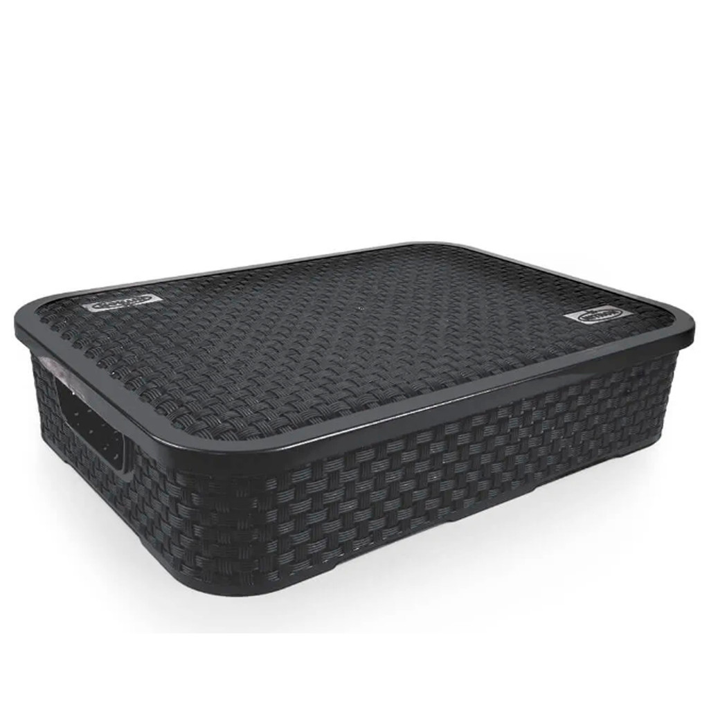 Kit 4 Cesto Rattan Baixo Com Tampa Grande 7 Litros Preto