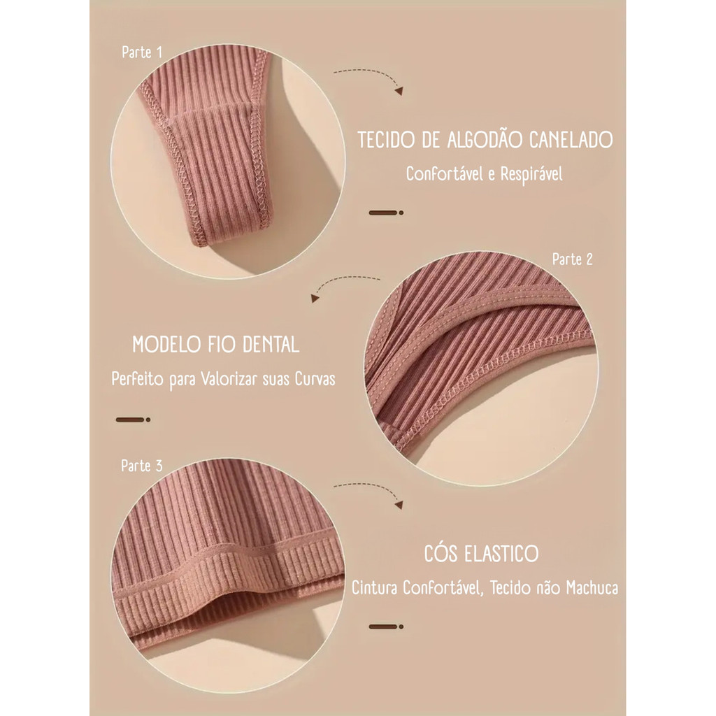 Kit 5 Calcinha Feminina Canelada Fio Dental