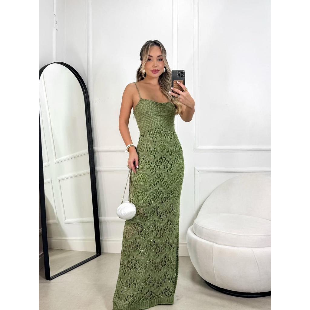 Vestido Longo Tricot Feminino Fio Acrilan Moda Verão 2026 Tendência Festa Praia Casual
