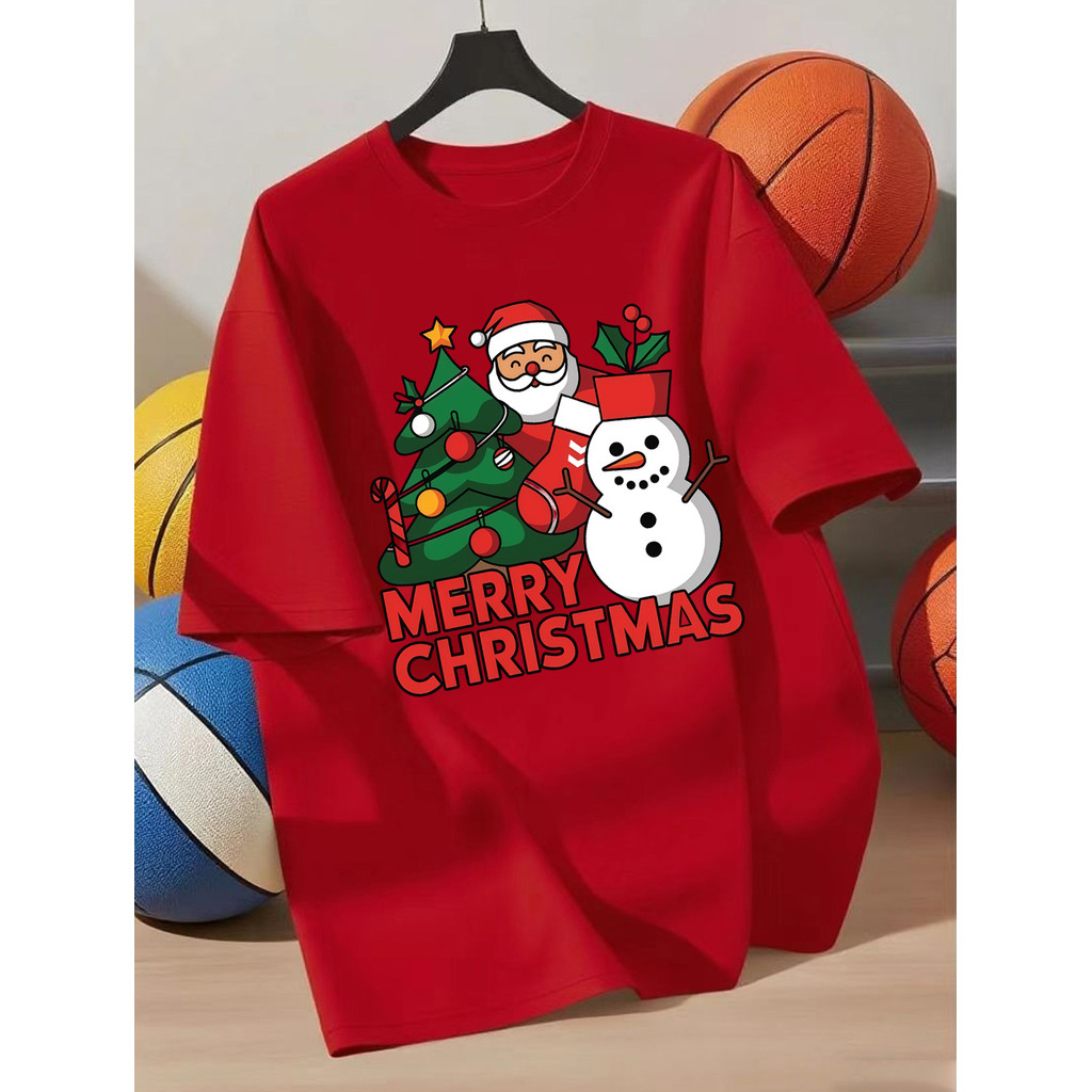 Camiseta Infantil de Natal com Estampa do Papai Noel Boneco da Neve e Gola Redonda Tecido Macio
