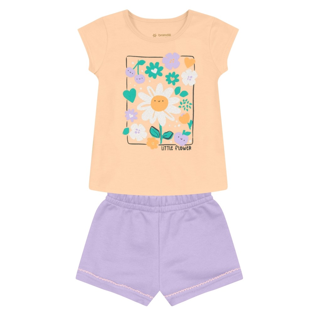 Conjunto Infantil Bebê Menina Blusa Estampa Florida e Shorts em Moletinho Brandili - Tam. P (1 à 3 meses)