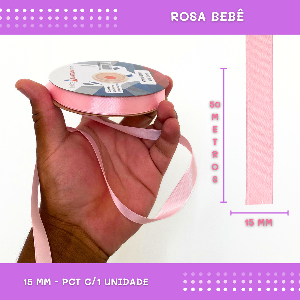 Fita de Cetim Lisa - 15mm - Rolo C/50 Mts COR:ROSA-BEBE
