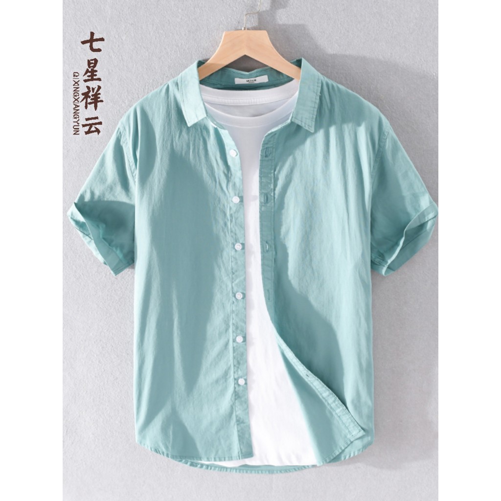 Verão fino algodão camisa gola camiseta masculina de manga curta colarinho roupas superiores na moda solta meia manga t 